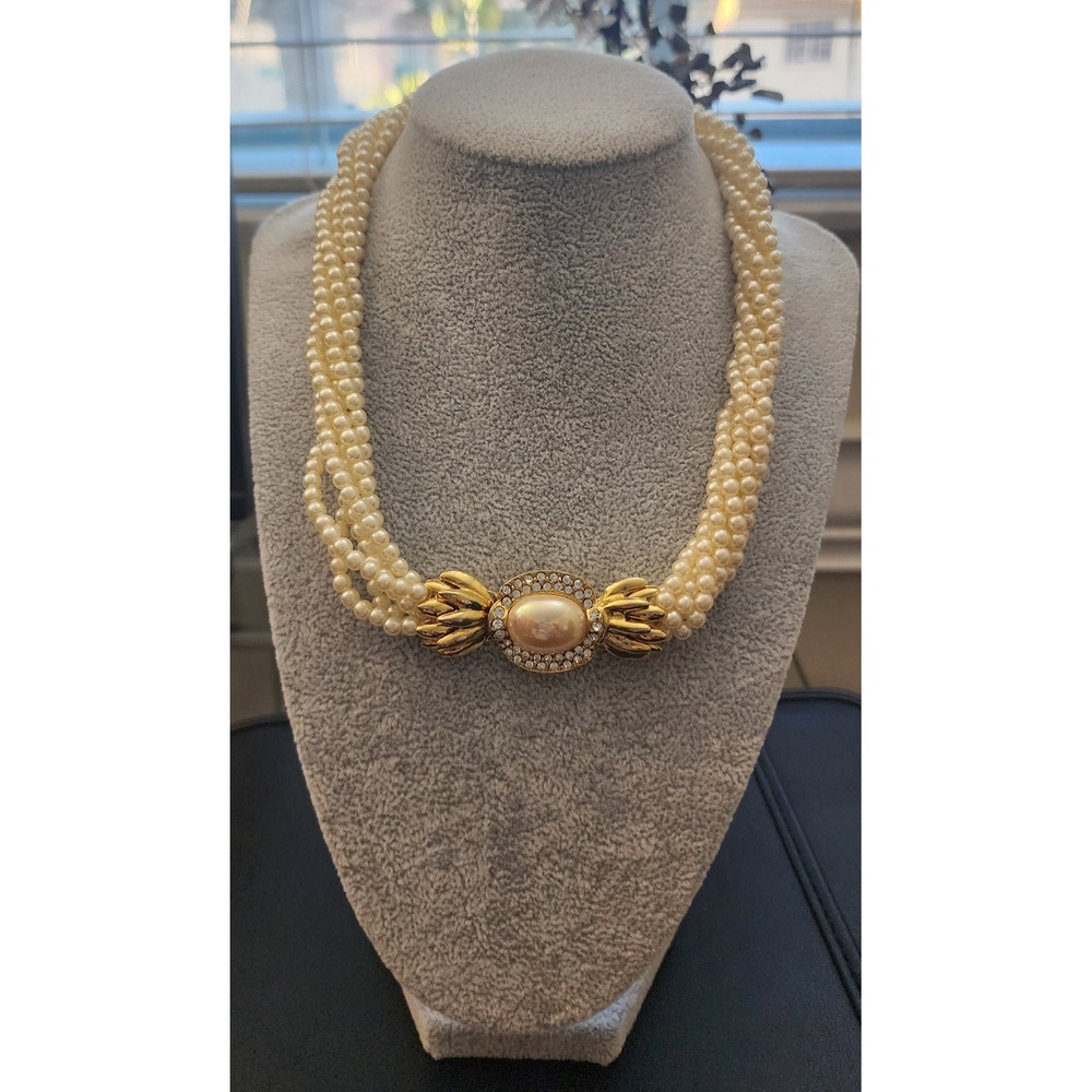 Vintage Multi Strand Faux Pearl Choker Necklace Gold Tone Rhinestone Clasp